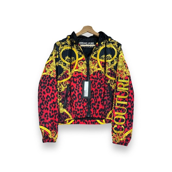 Versace Jeans Couture Wild Baroque Hooded Windbreaker New Red Animal Print XS 0 - Picture 1 of 16